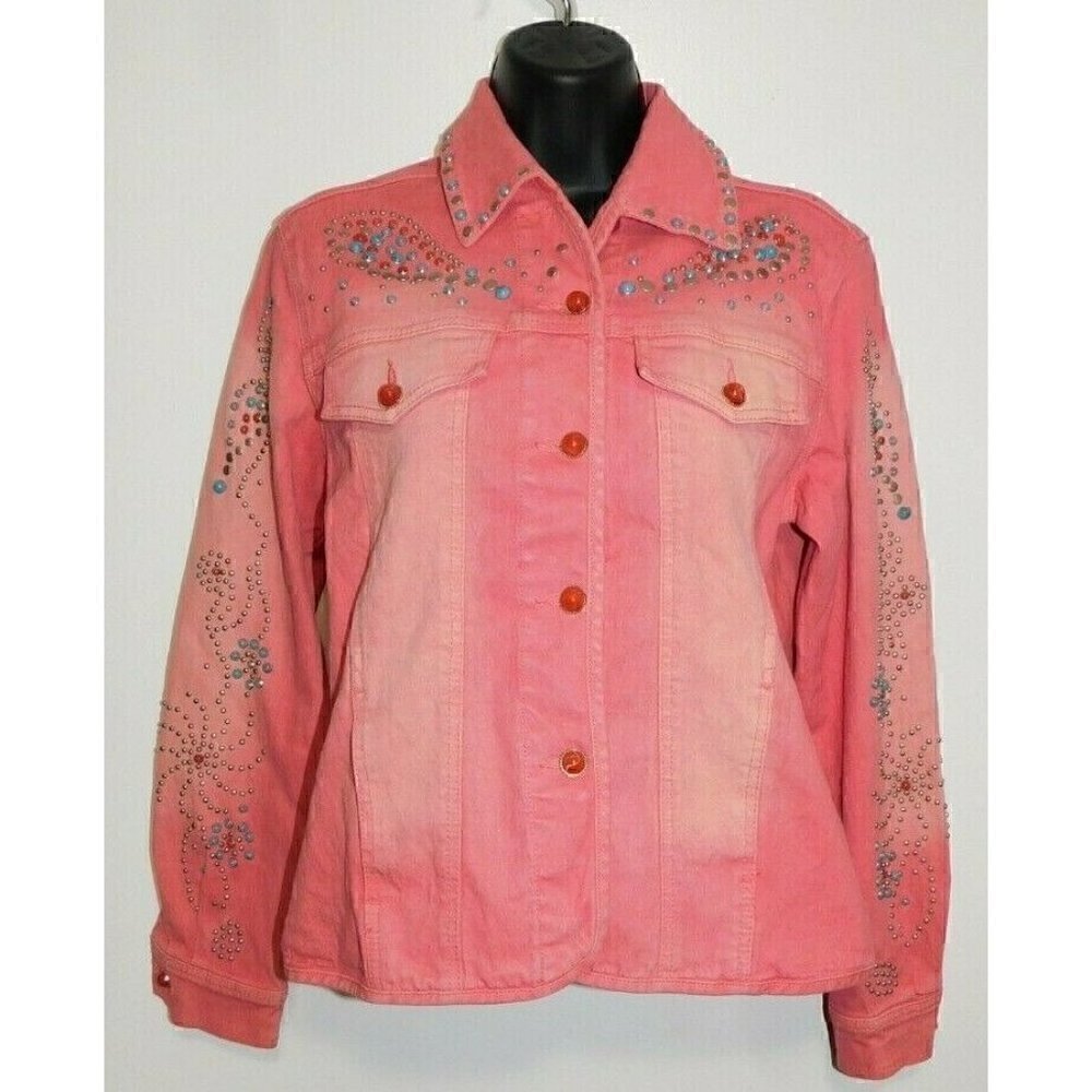 DIANE GILMAN pink jean jacket with bedazzled bling stones, woman's size XS